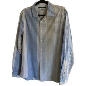 Perry Ellis Men's Large Yellow Blue Shirt Slim Fit Plaid Long Sleeve Button Down